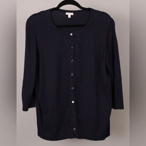 Talbots Woman Navy Blue 100% Cotton Cardigan Beaded Trim Size 1X